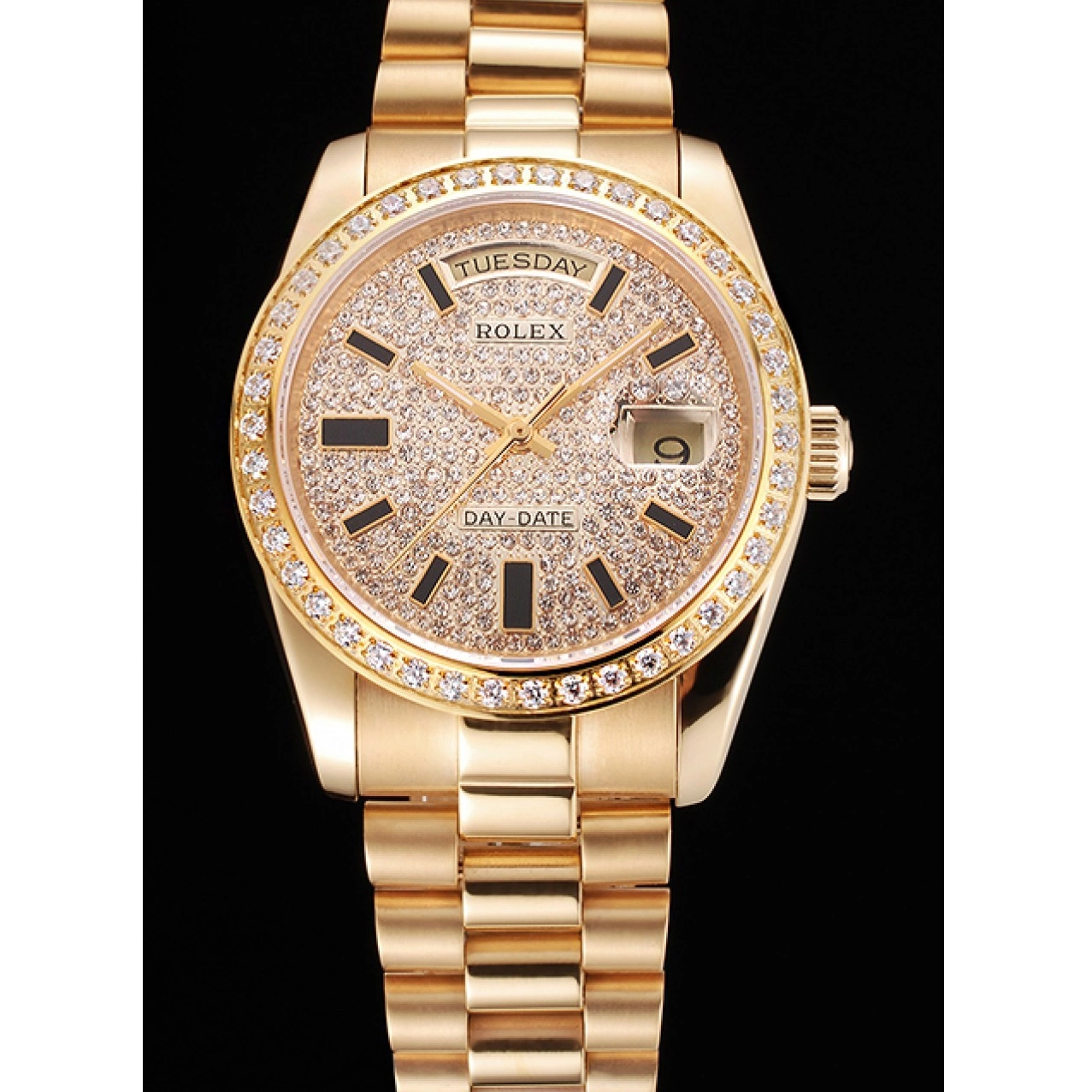Aaa replica watch Dial Pave Bezel Date And Rolex Gold And Day Bracelet Swiss Case Diamond 0724